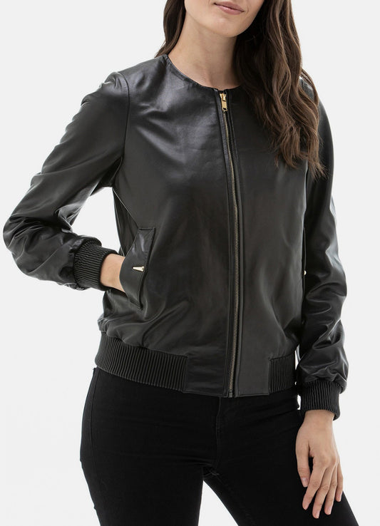 Women's Piano Black Bomber Leather Jacket