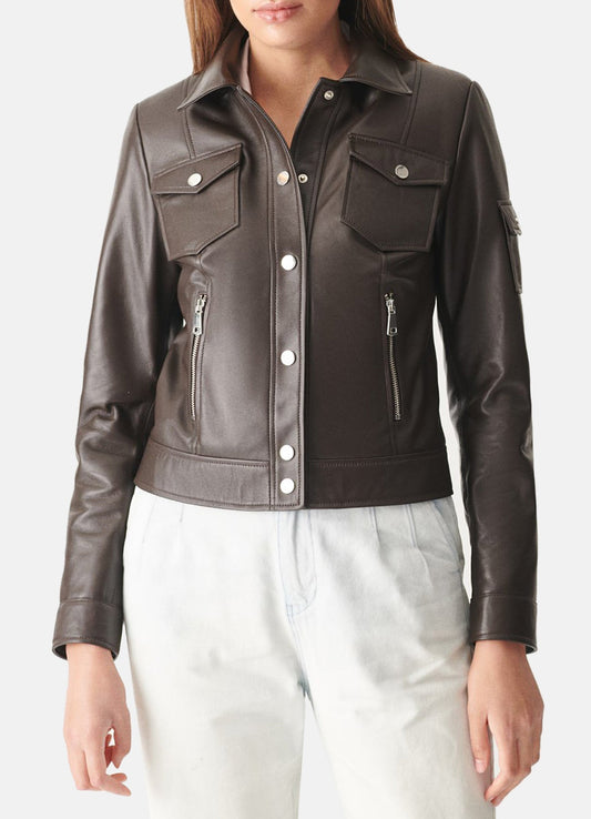 Women's Dark Brown Sports Biker Leather Jacket
