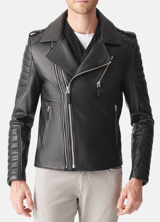 Men's Quilted Charcoal Black Biker Leather Jacket