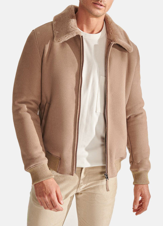 Men's Beige Sports Shearling Leather Jacket