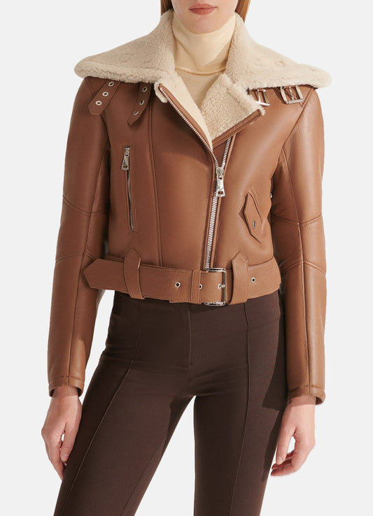 Women's Short Length Tan Shearling Leather Jacket