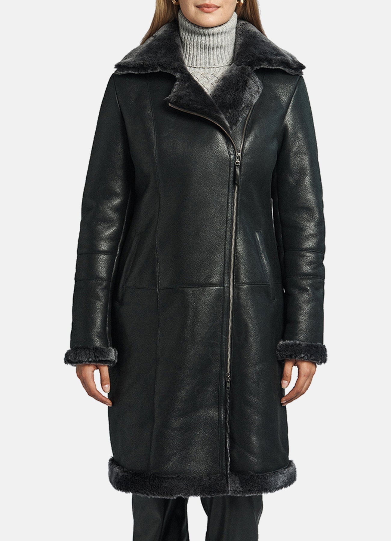 Women's Shiny Black Shearling Leather Coat