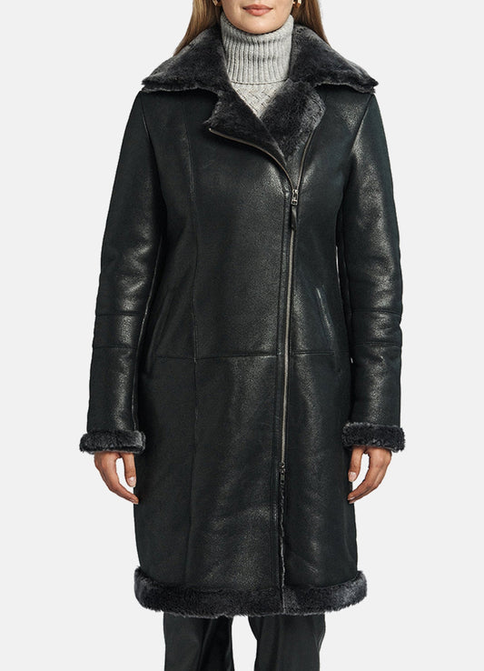 Women's Shiny Black Shearling Leather Coat