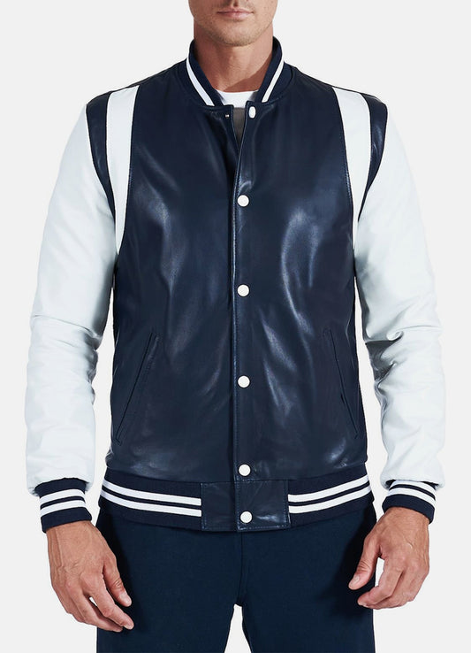 Men's Dark Blue and White Varsity Jacket
