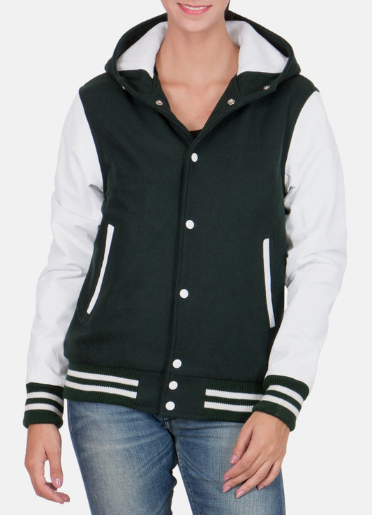 Women's Dark Green and White Varsity Jacket
