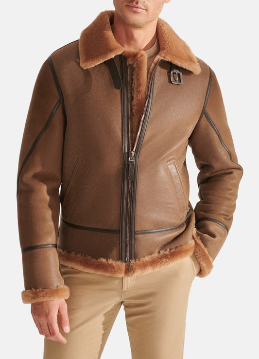 Men's Camel Brown Vintage Shearling Leather Jacket