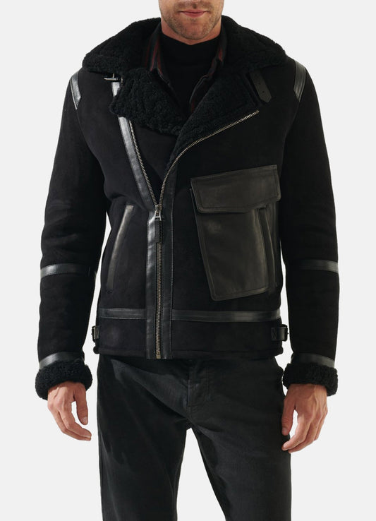 Men's Deep Black Shearling Leather Jacket