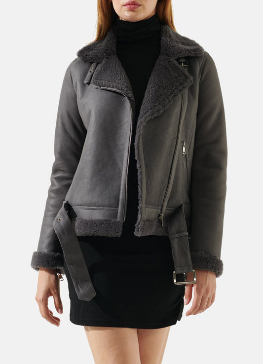 Women's Vintage Grey Shearling Leather Jacket