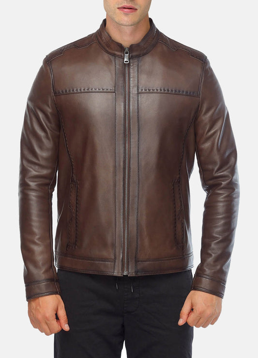 Men's Brown Stitched Style Classic Leather Jacket