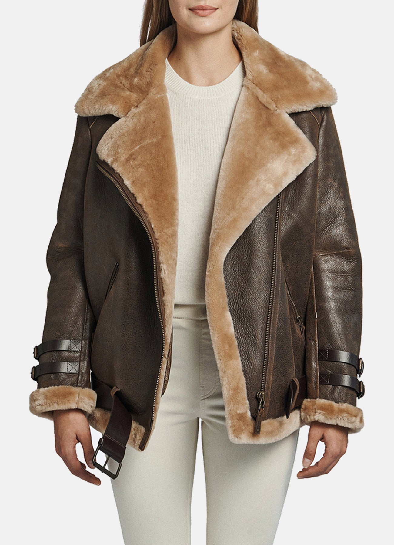 Women's Oversized Brown Shearling Leather Jacket