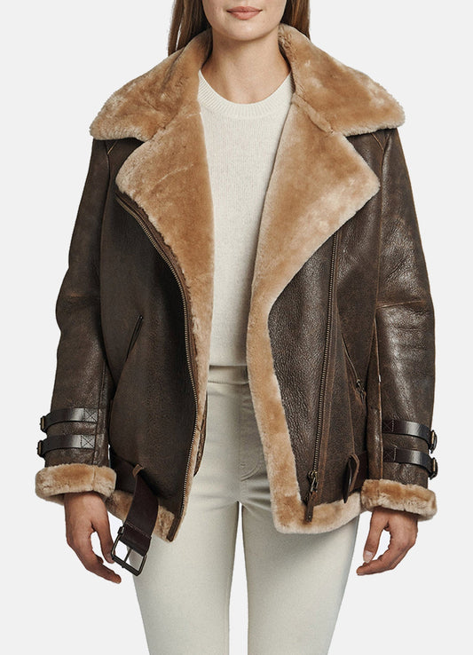Women's Oversized Brown Shearling Leather Jacket