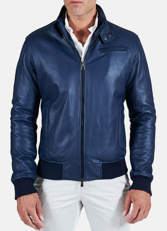 Men's Shiny Blue Bomber Leather Jacket