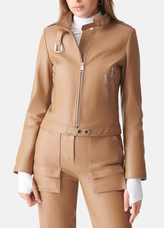 Women's Tan Sports Biker Leather Jacket