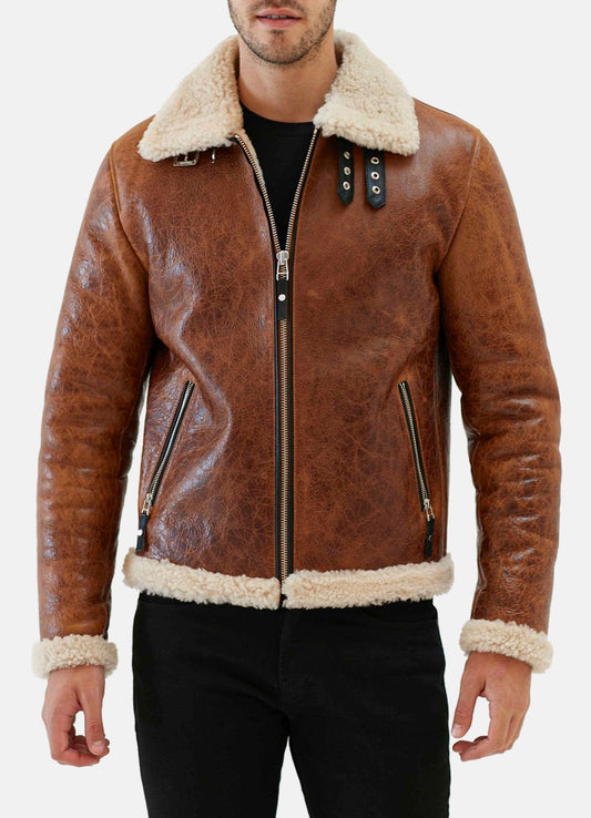 Men's Distressed Brown Shearling Leather Jacket