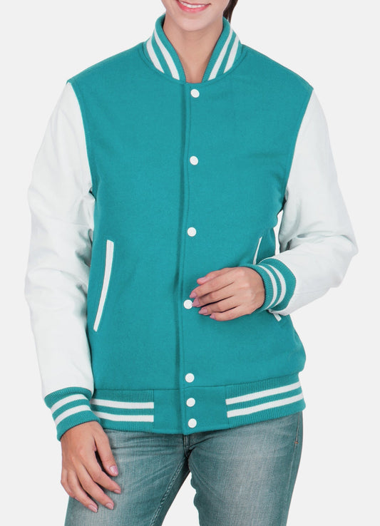 Women's Cyan and White Varsity Jacket