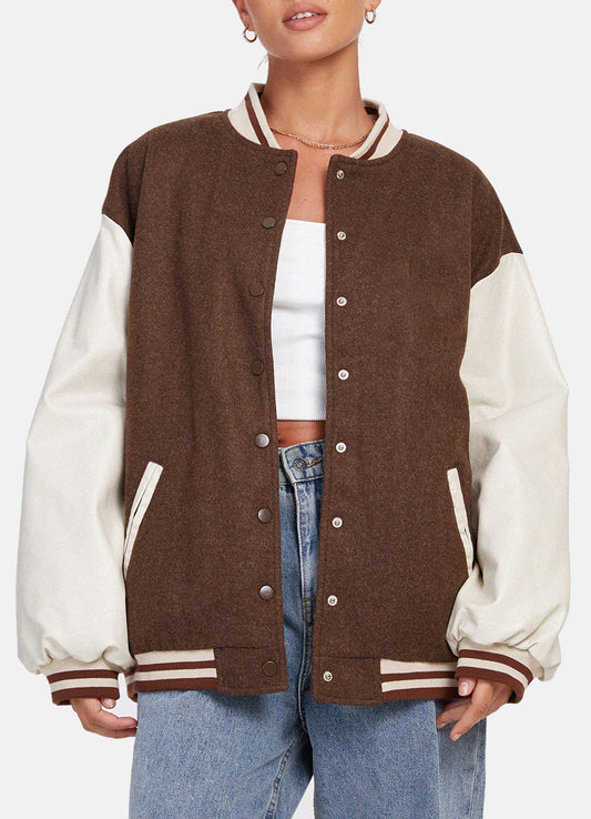 Women's Brown and White Oversized Varsity Jacket
