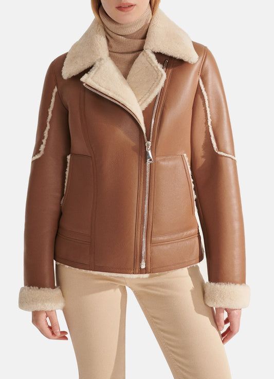 Women's TAN Sports Shearling Leather Jacket