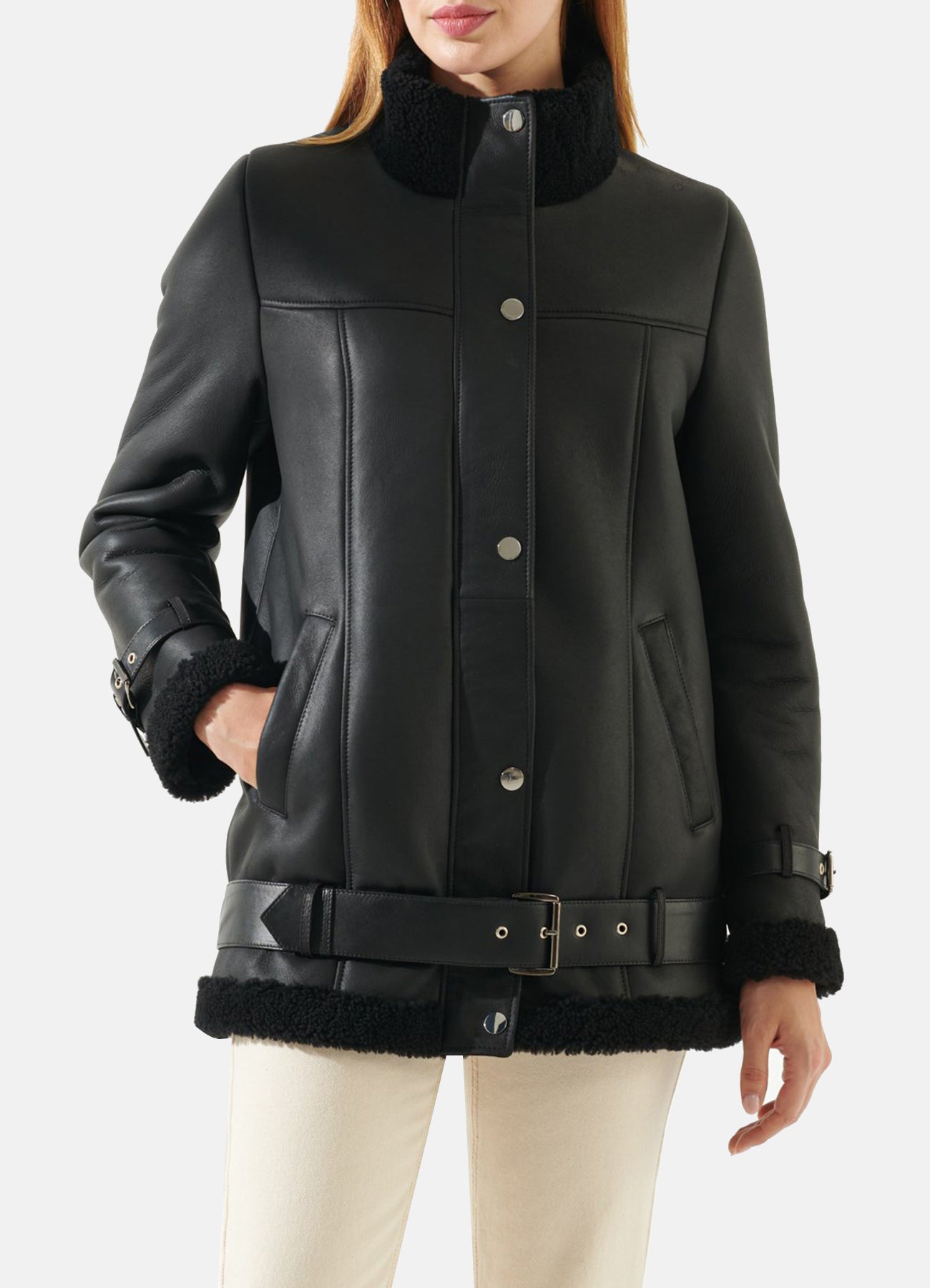 Women's Casual Black Oversized Shearling Leather Jacket