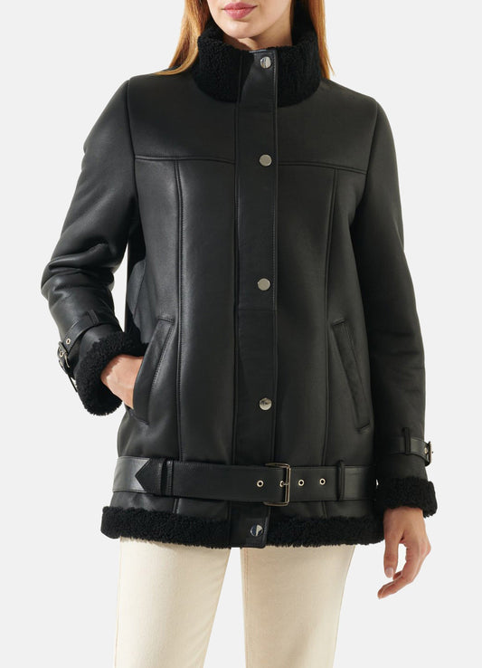 Women's Casual Black Oversized Shearling Leather Jacket