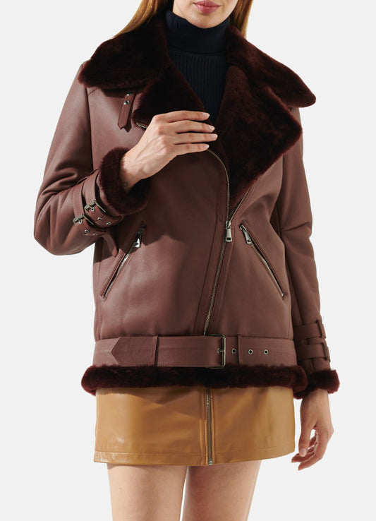 Women's Maroon Oversized Shearling Leather Jacket