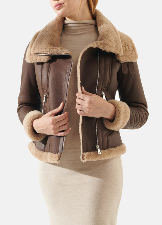 Women's Brown Double Collar Shearling Leather Jacket