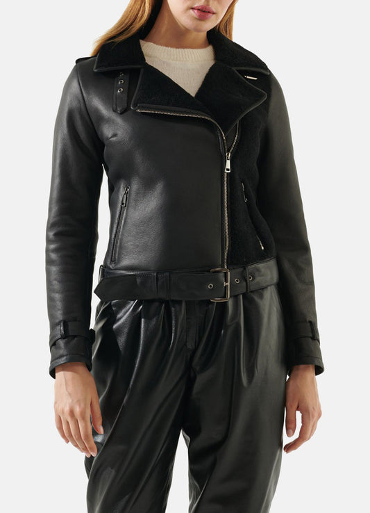 Women's Shiny Black Shearling Leather Jacket