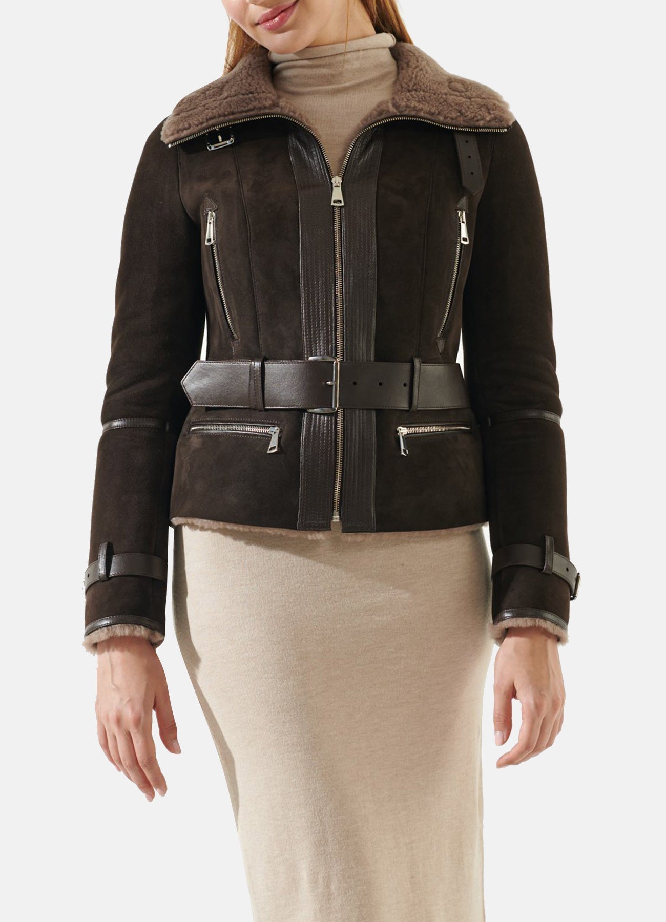 Women's Choco Brown Shearling Leather Jacket