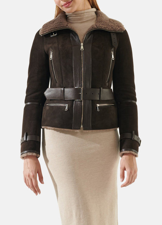 Women's Choco Brown Shearling Leather Jacket