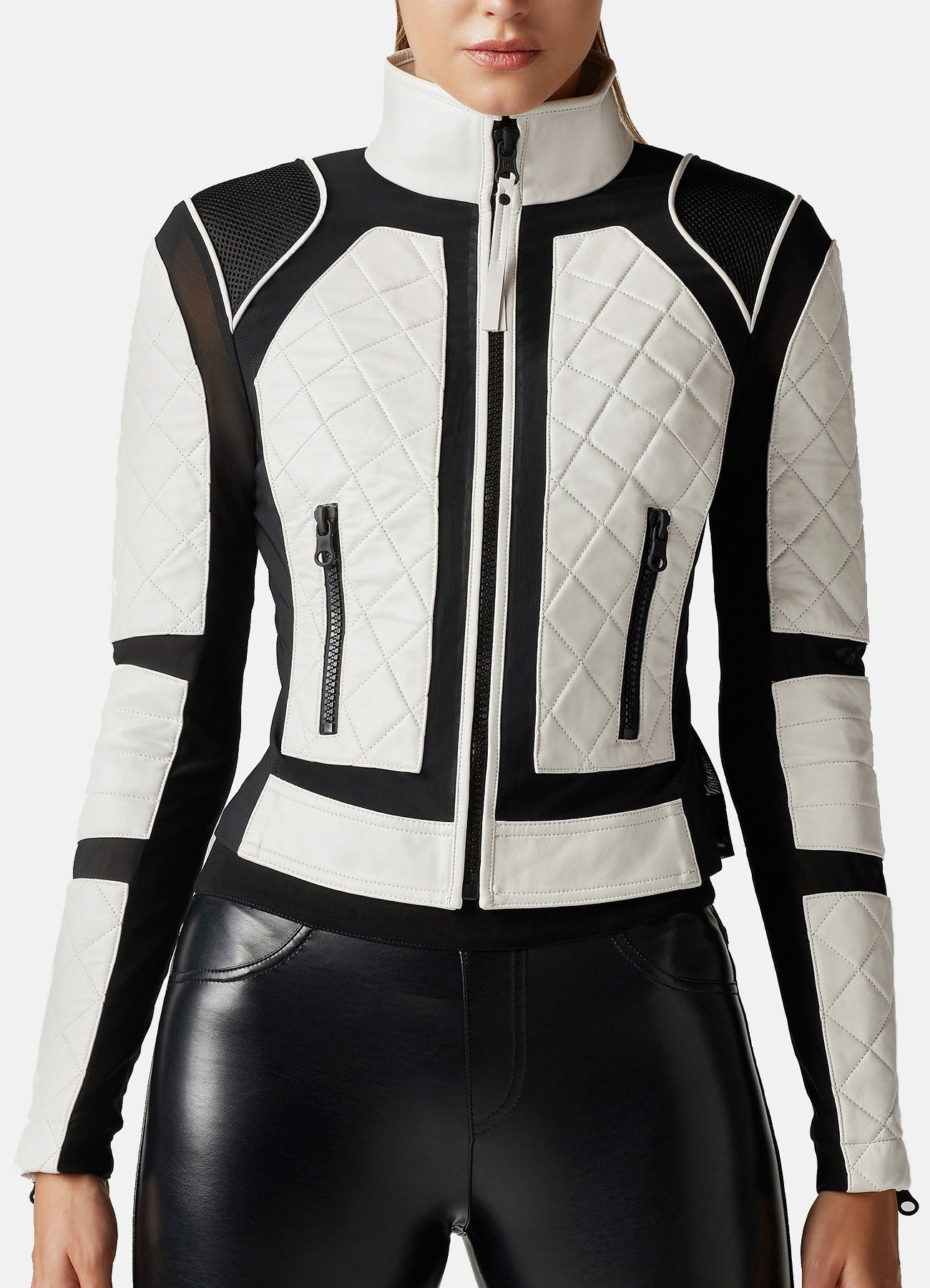 Women's White and Black Biker Leather Jacket
