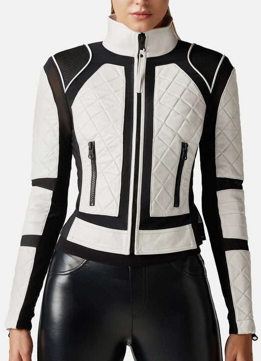 Women's White and Black Biker Leather Jacket