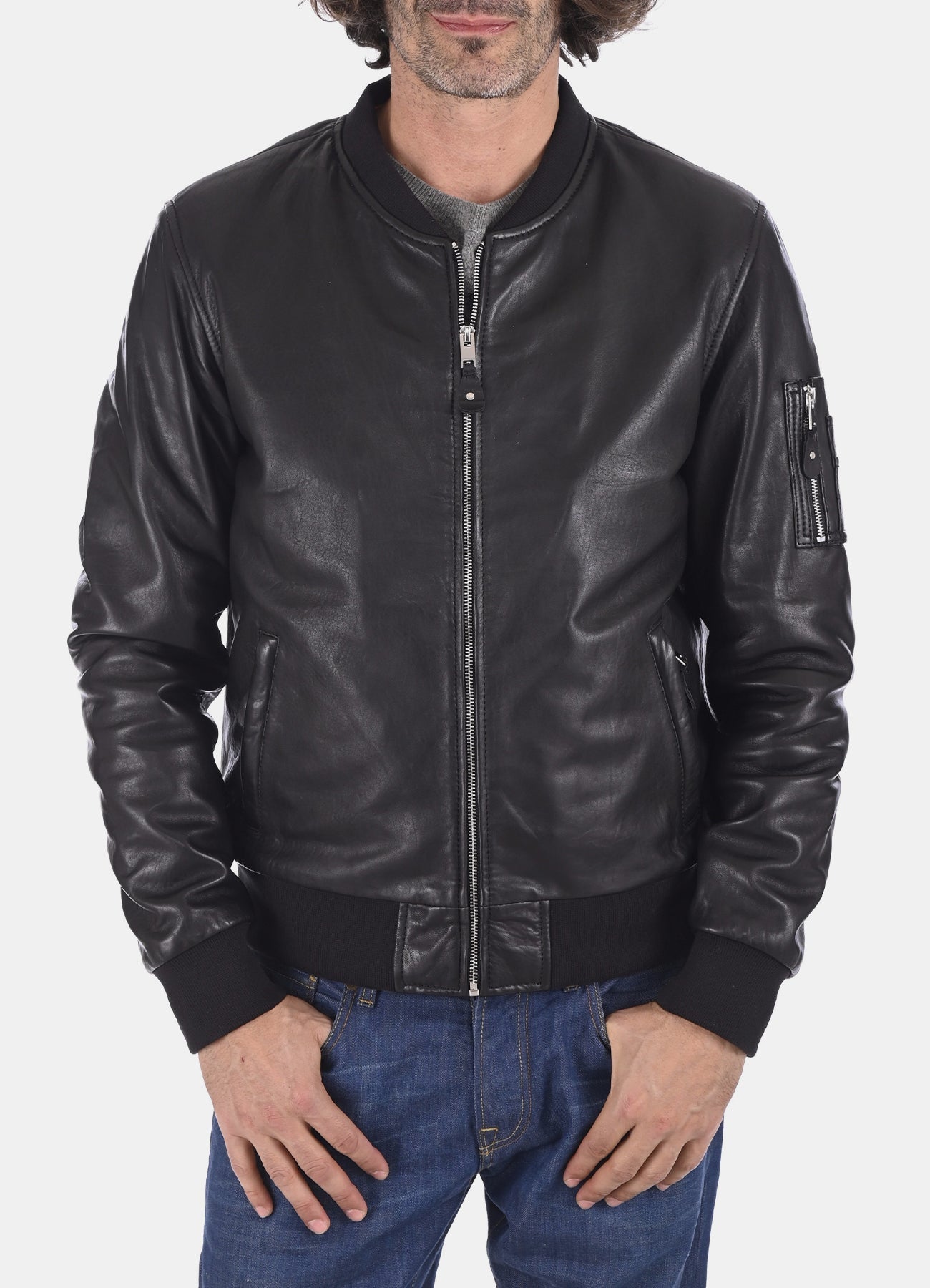 Men's Ink Black Bomber Leather Jacket
