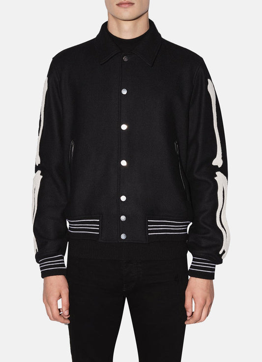 Men's Deep Black Bone Design Varsity Jacket