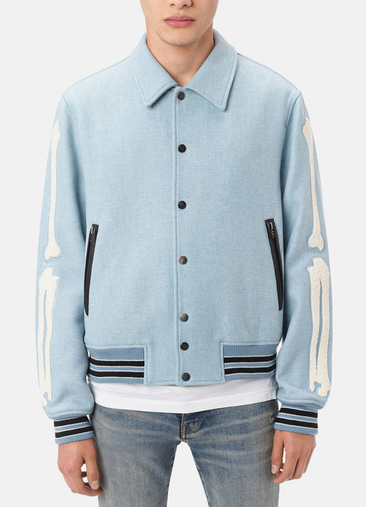 Men's Baby Blue Bone Design Varsity Jacket