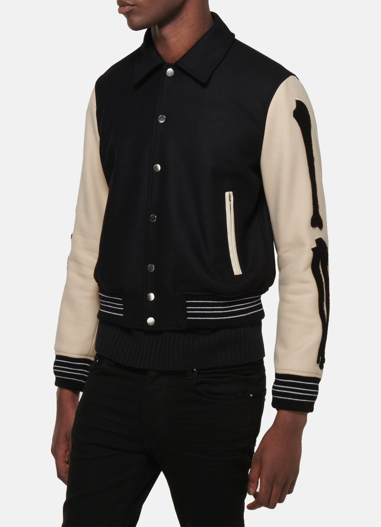 Men's Black and Beige Bone Design Varsity Jacket