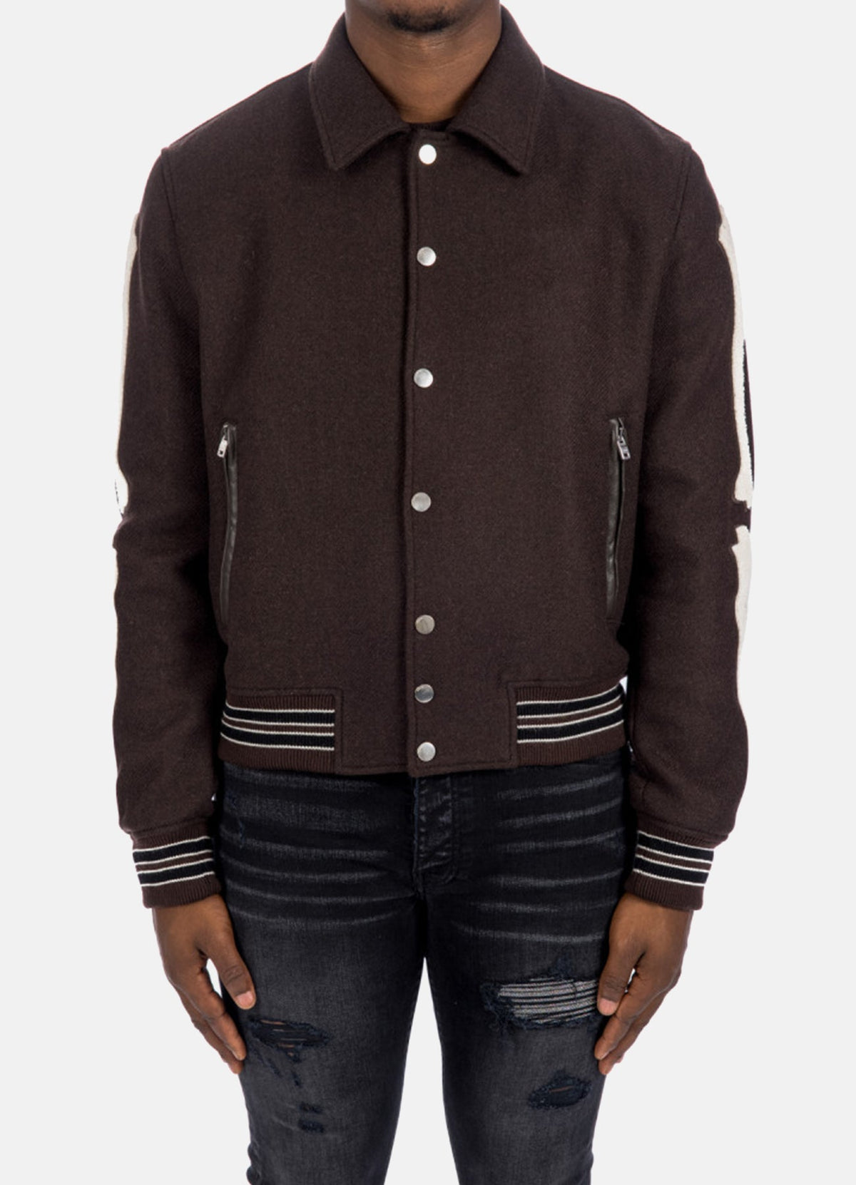 Men's Dark Brown Bone Design Varsity Jacket