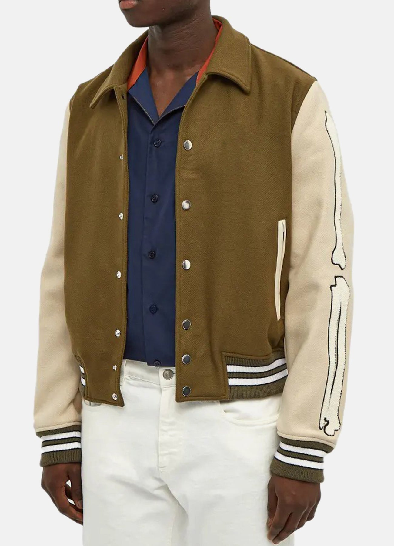 Men's Olive Green and Beige Bone Design Varsity Jacket