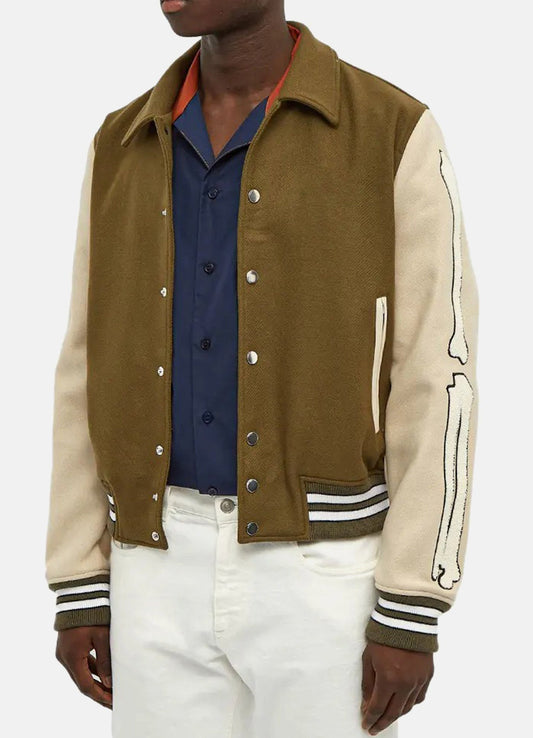 Men's Olive Green and Beige Bone Design Varsity Jacket