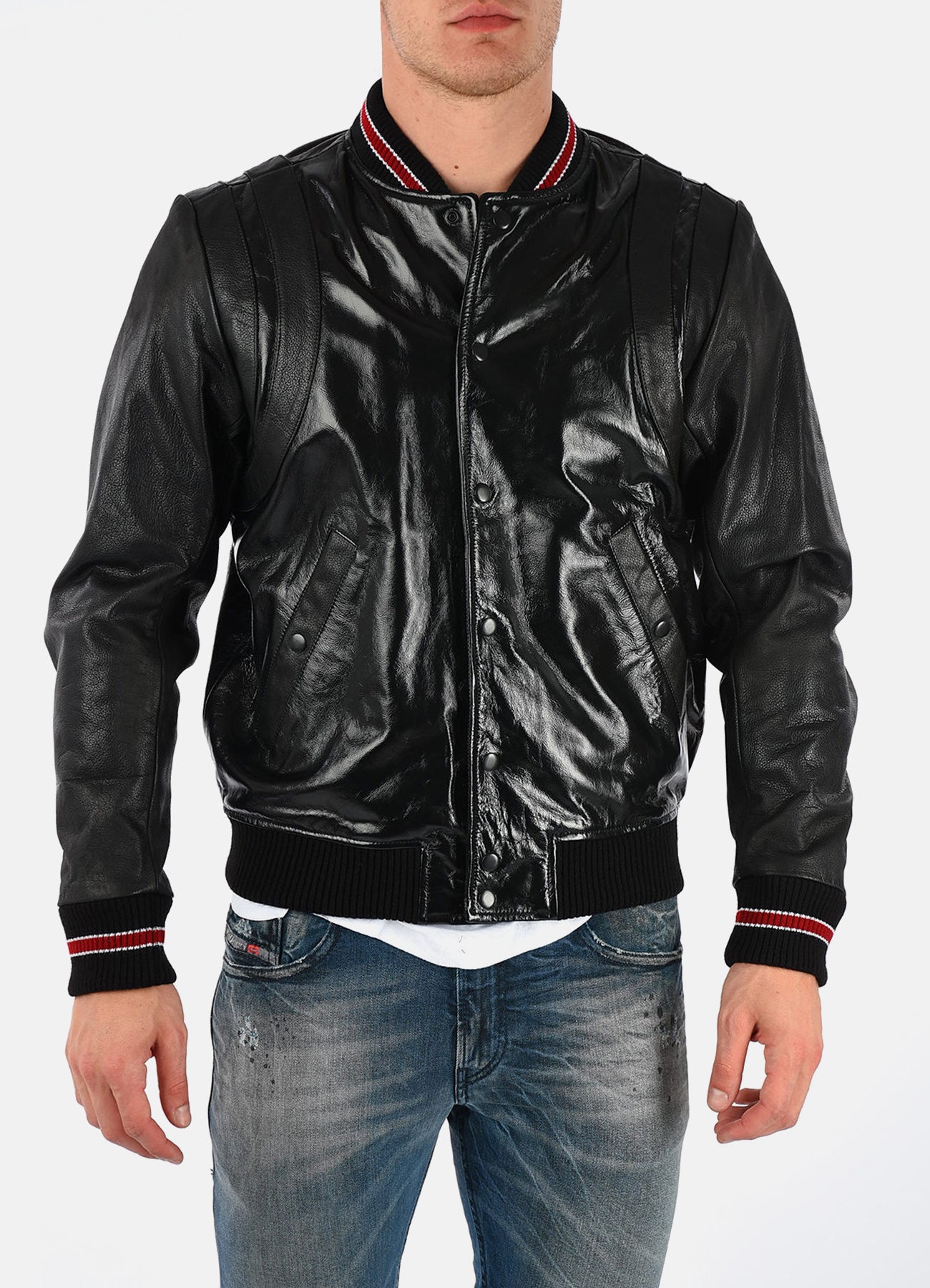 Men's Shiny Black Varsity Leather Jacket