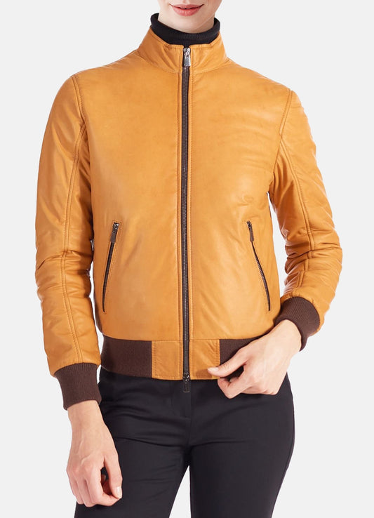 Women's Iconic Yellow Bomber Leather Jacket