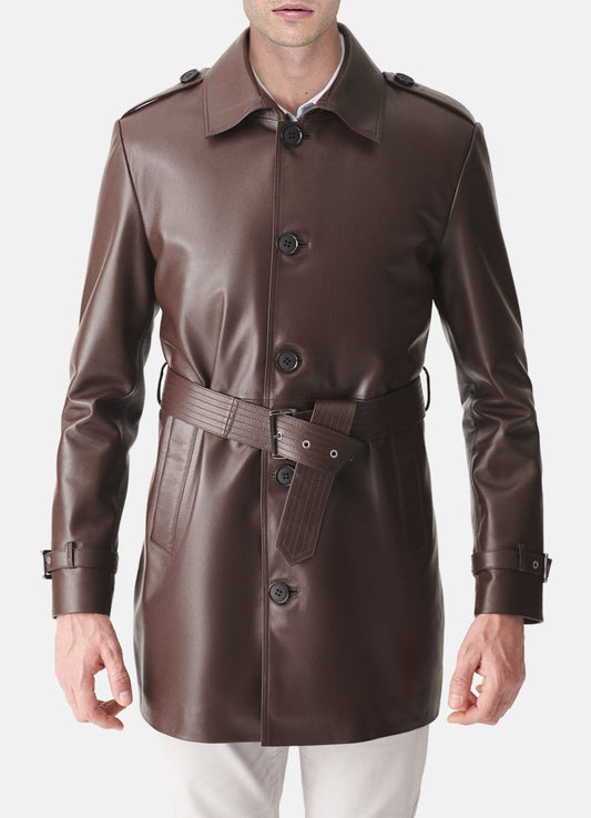 Men's Shiny Brown Mid-Length Leather Coat