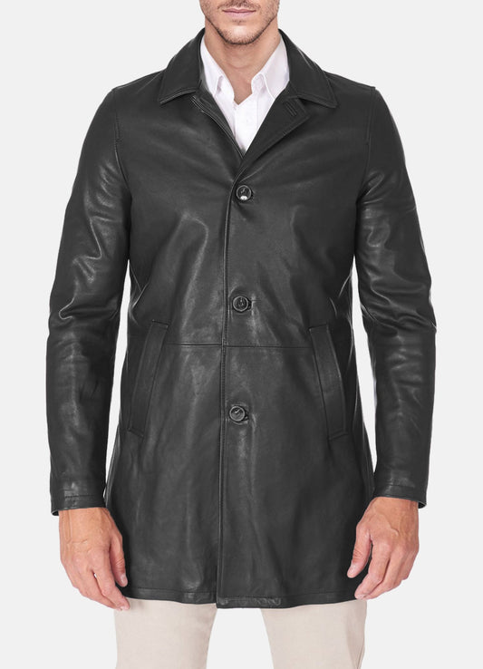 Men's Iconic Black Mid-Length Leather Coat
