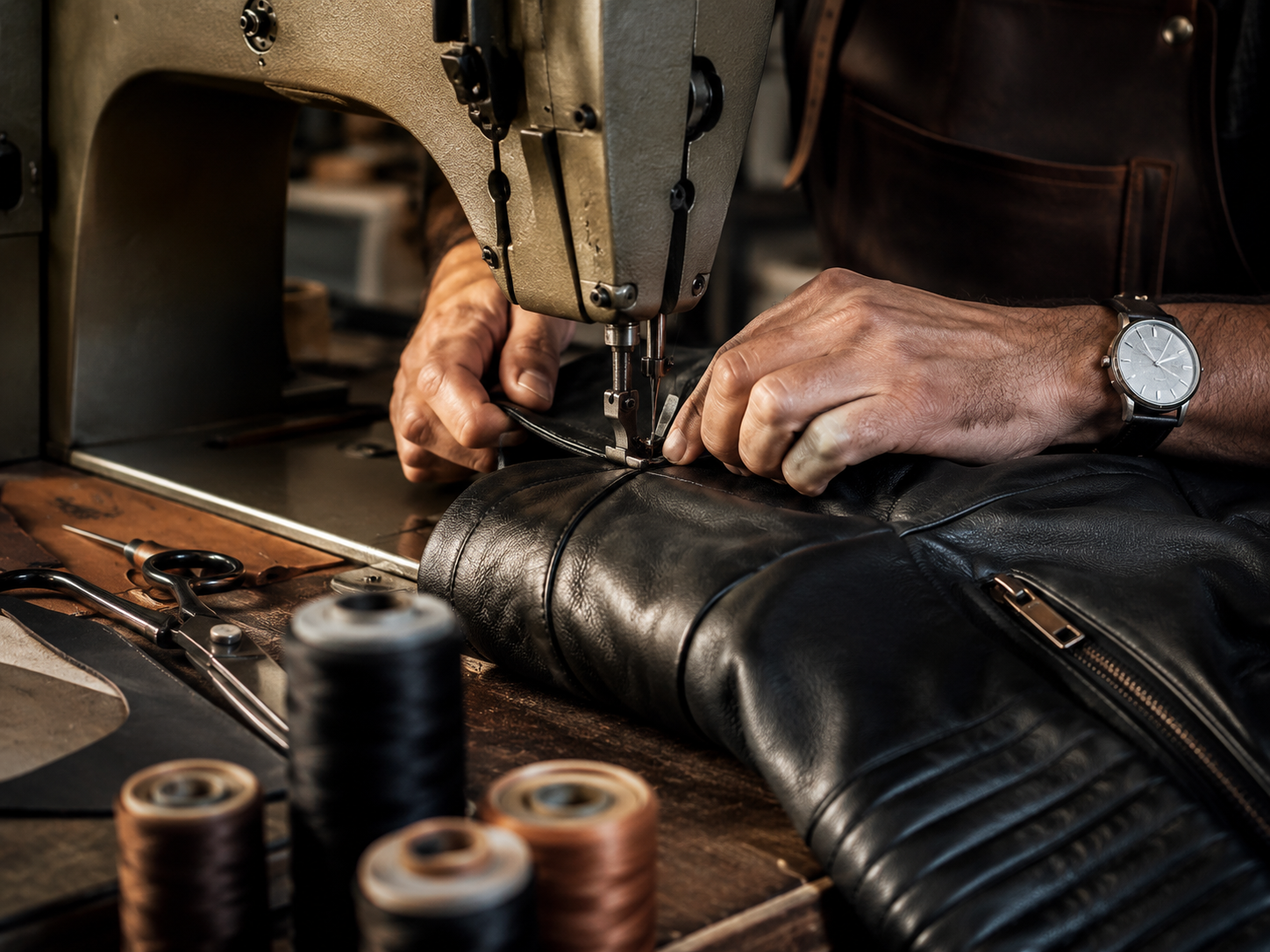 Hands carefully crafting a leather jacket with attention to stitching and detail