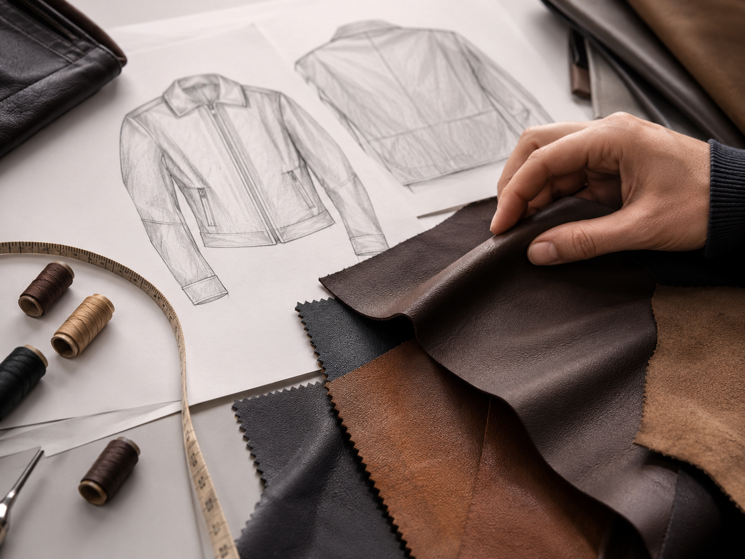 Person selecting leather samples with fashion sketches of jackets on a table.