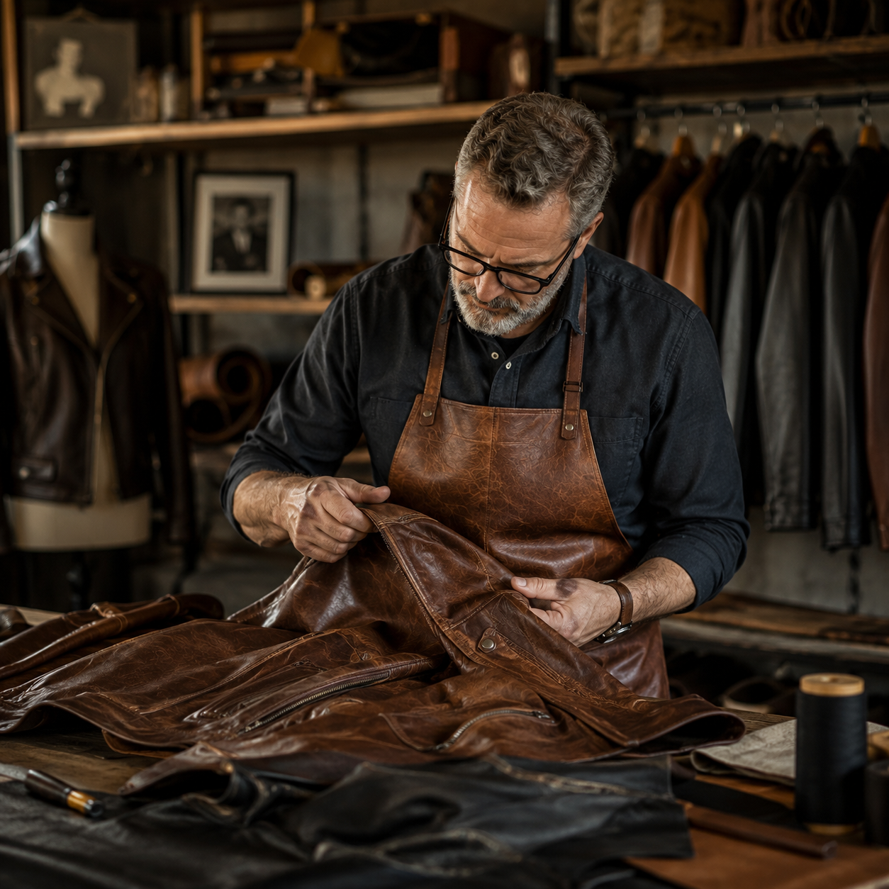 Craftsman inspecting leather jacket finishing details