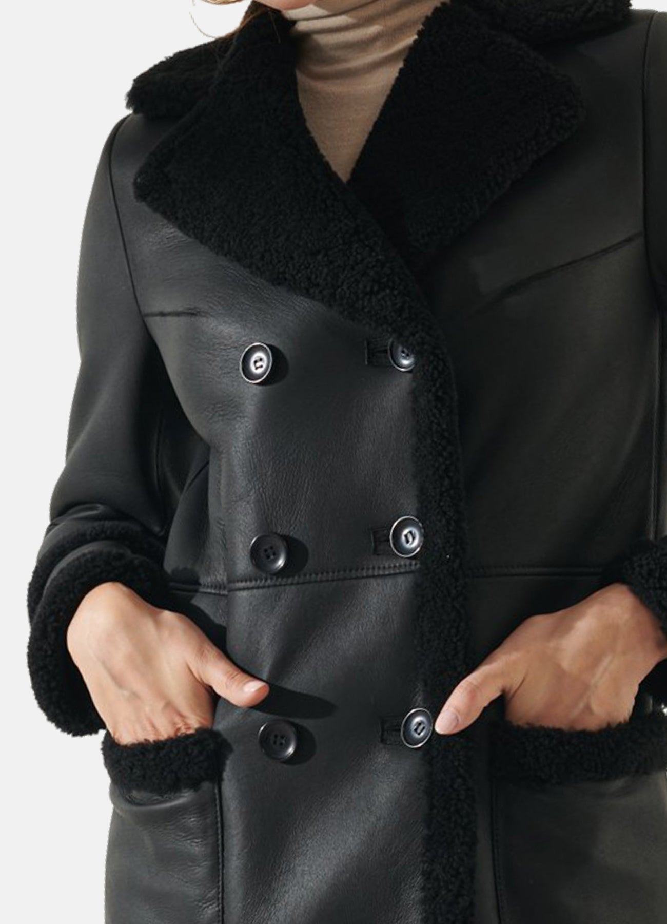 Women's Jet Black Shearling Leather Coat