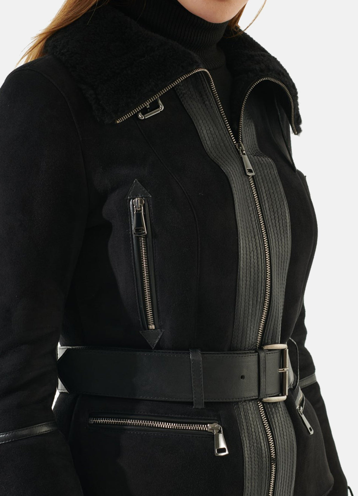 Women's Jet Black Suede Shearling Leather Jacket
