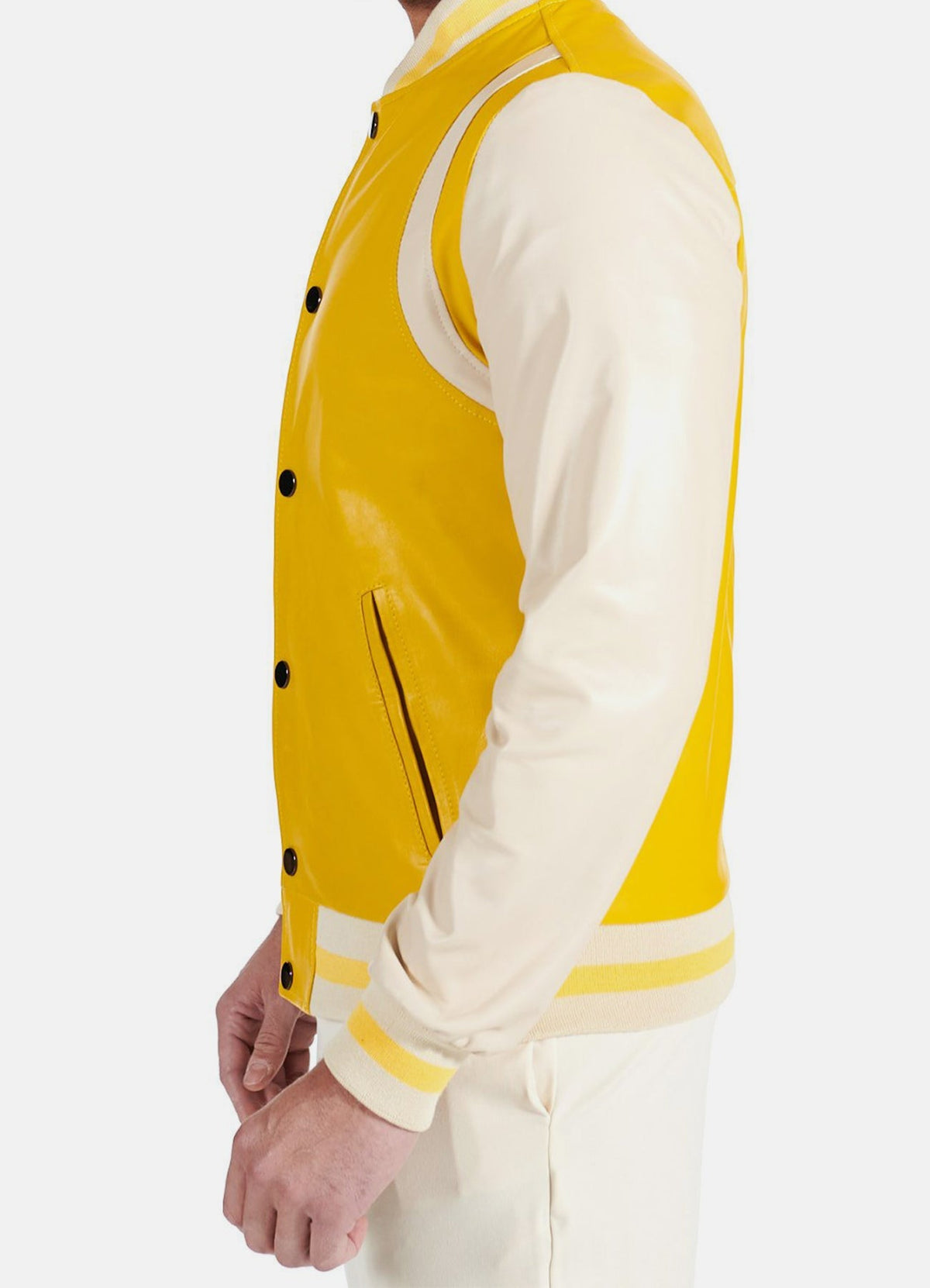 Men's Yellow Beige Leather Varsity Jacket