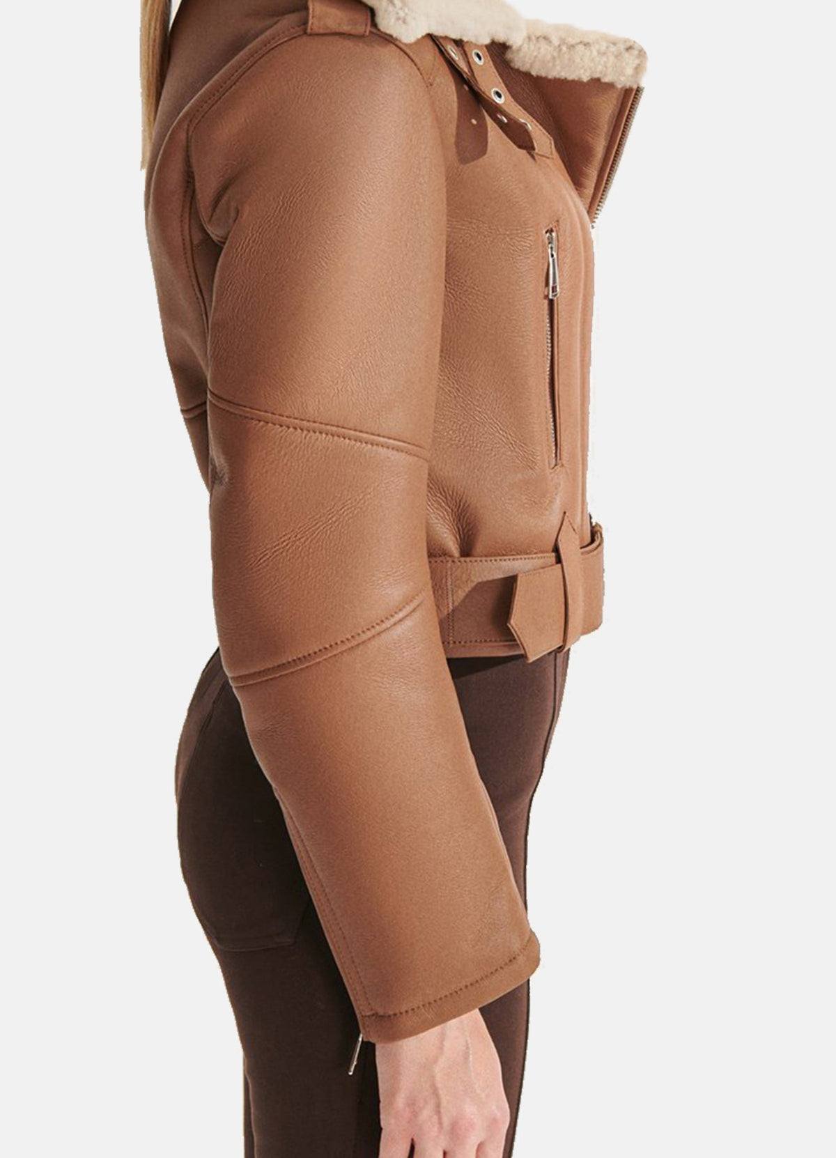 Women's Short Length Tan Shearling Leather Jacket