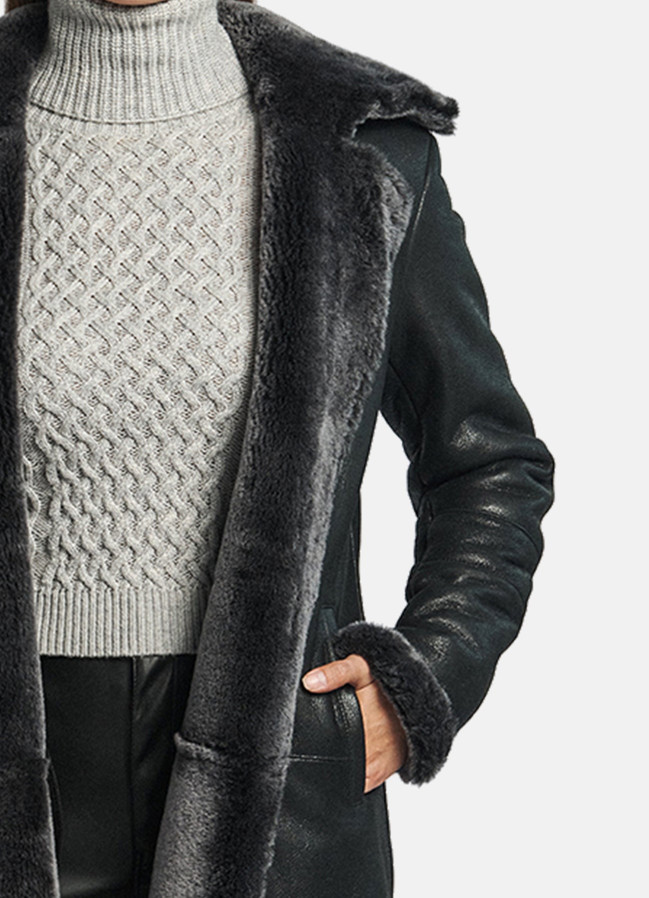Women's Shiny Black Shearling Leather Coat