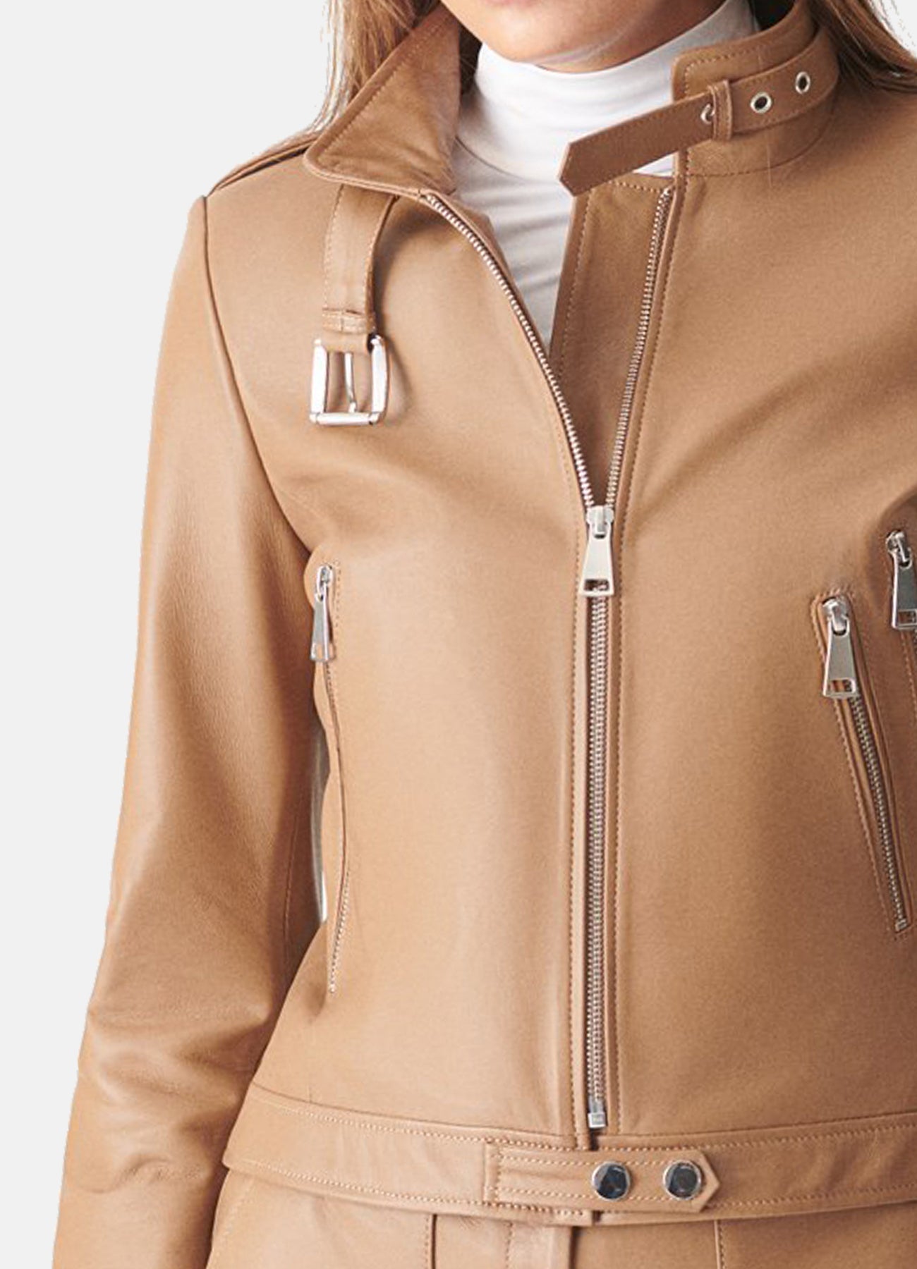 Women's Tan Sports Biker Leather Jacket